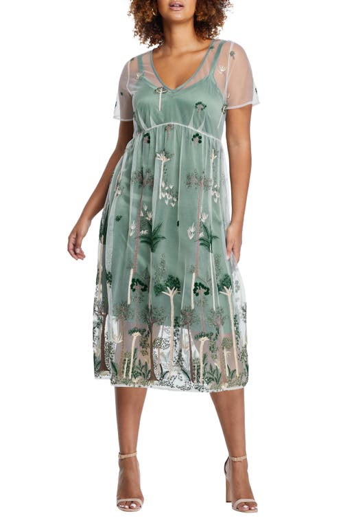 Estelle Leon Floral Embroidery Mesh Dress in Green/Nude
