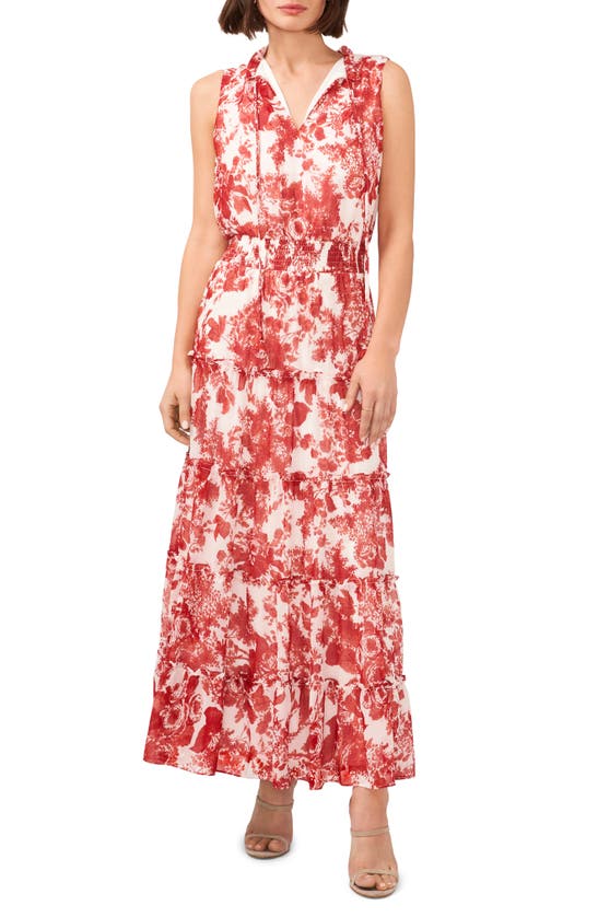 Halogen Floral Tiered Smocked Waist Maxi Dress In Red