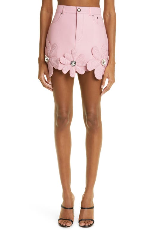 Area Mussel Flower Embellished Leather Miniskirt in Light Pink