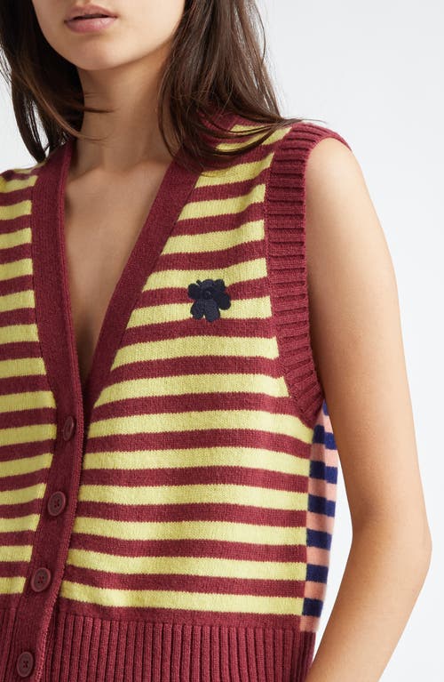 Shop Marimekko Kioski Juhla Sleeveless Wool Cardigan In Winered Yellow Blue Coral