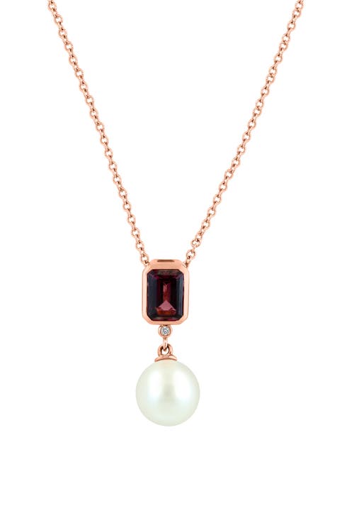 14K Rose Gold Diamond, Rhodolite Garnet & Freshwater Pearl Pendant Necklace - 0.01ct.
