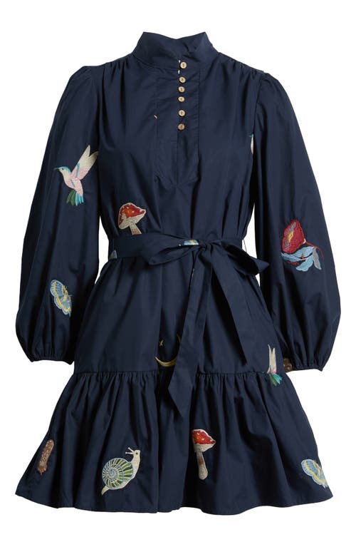 Shop Ciebon Savannah Embroidered Long Sleeve Cotton Dress In Navy