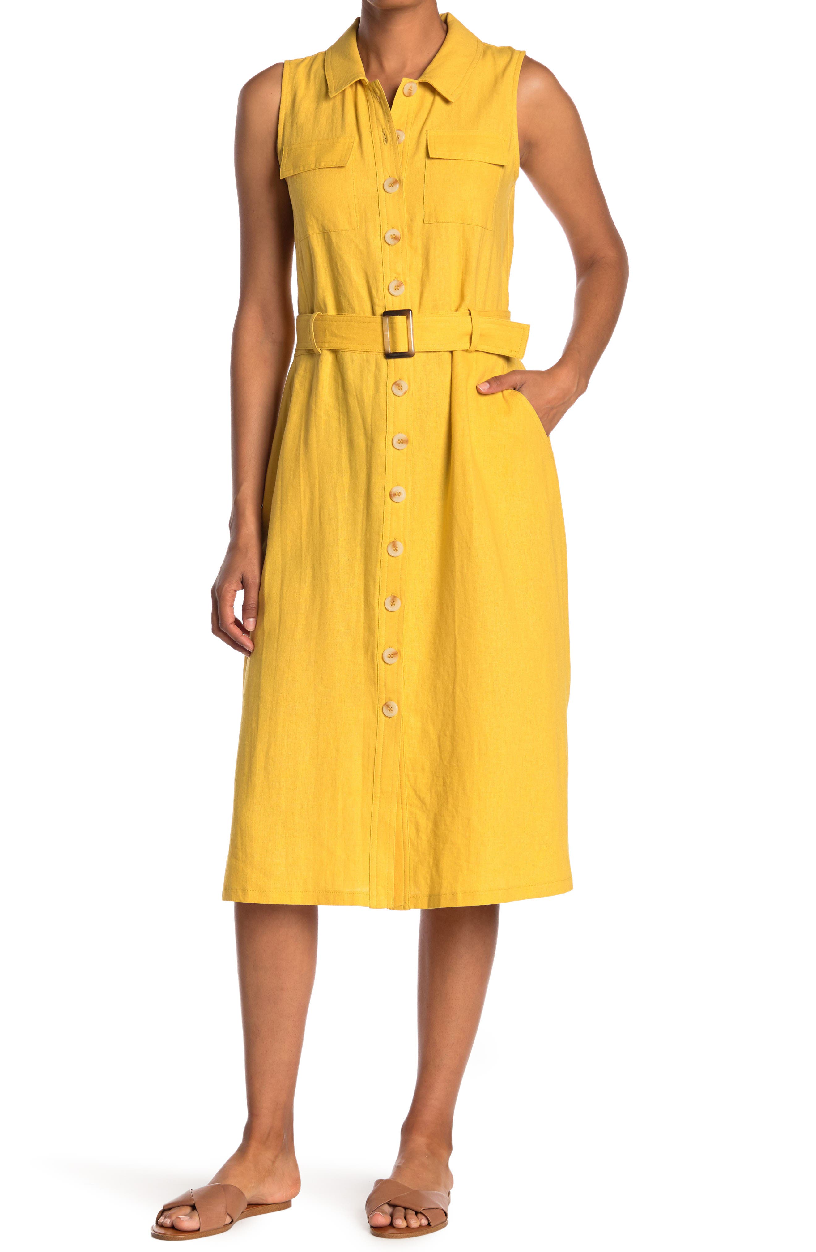 Melloday Sleeveless Linen Belted Midi Shirtdress In Yellow