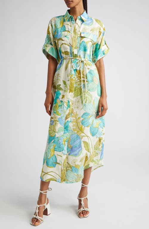 ALEMAIS Janis Floral Print Belted Linen Midi Shirtdress in Blue at Nordstrom, Size 8