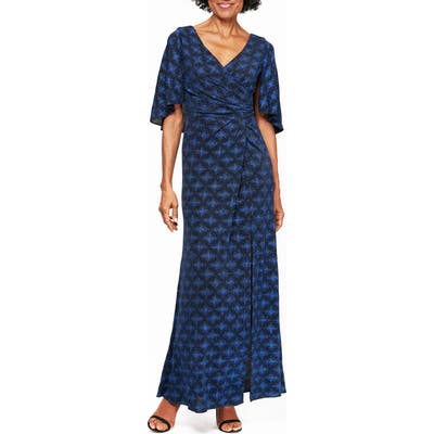 Alex Evenings Glitter Print Cape Gown, Blue