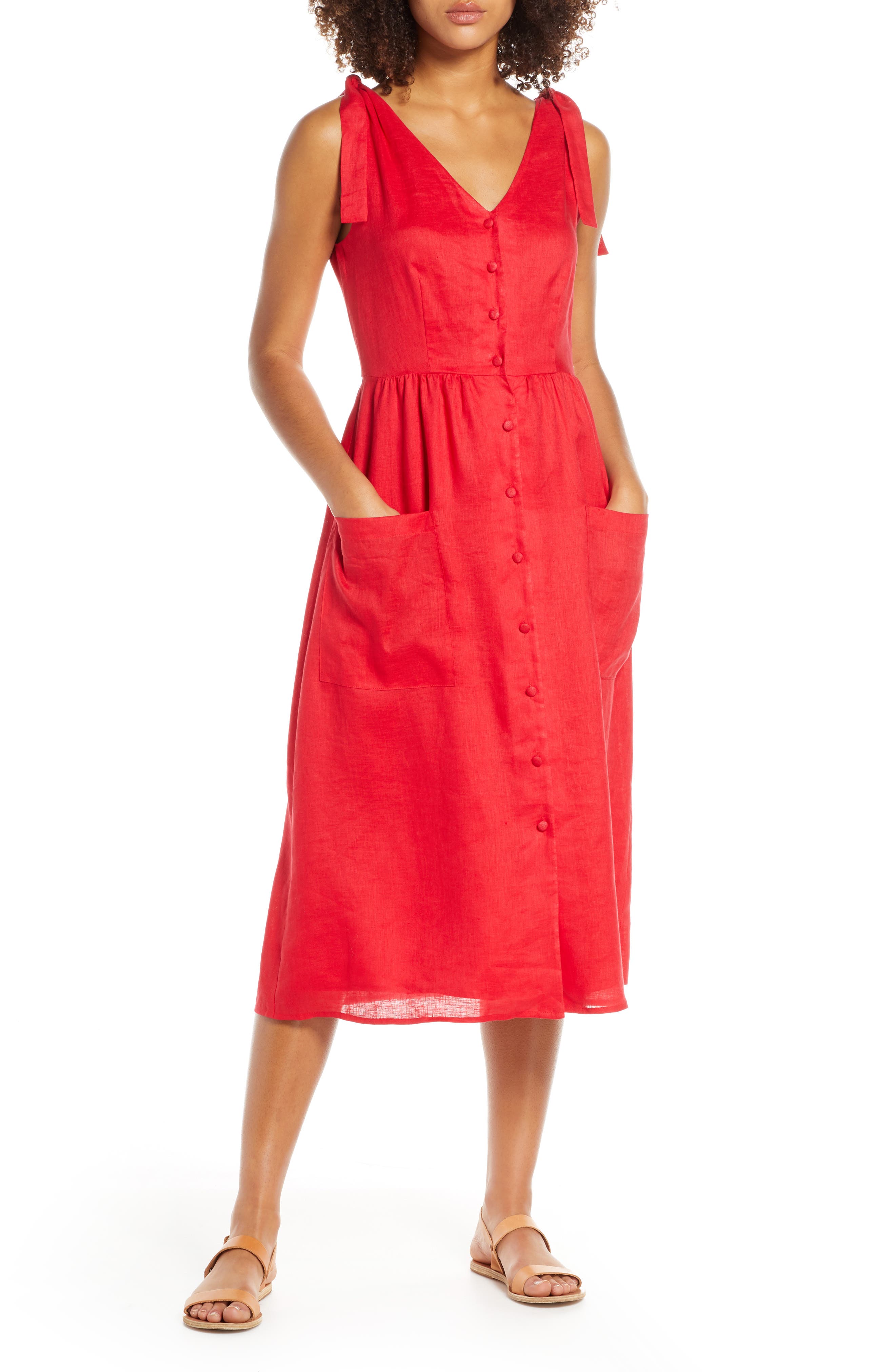 Charles Henry Button Front Linen Midi Dress, Red