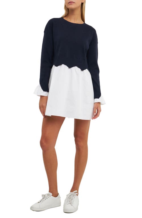 English Factory Long Sleeve Layered Dress In Navy/white