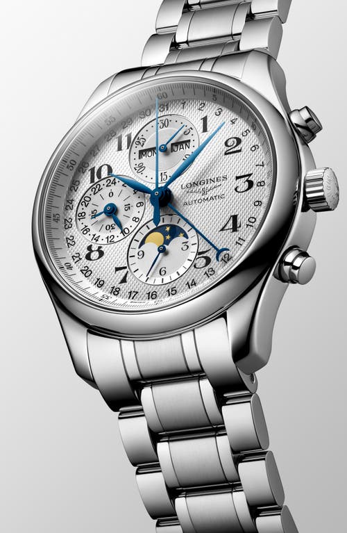 Shop Longines Master Collection Chronograph Bracelet Watch, 42mm In Silver