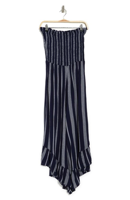 Angie Stripe Strapless Smocked Jumpsuit In Navy