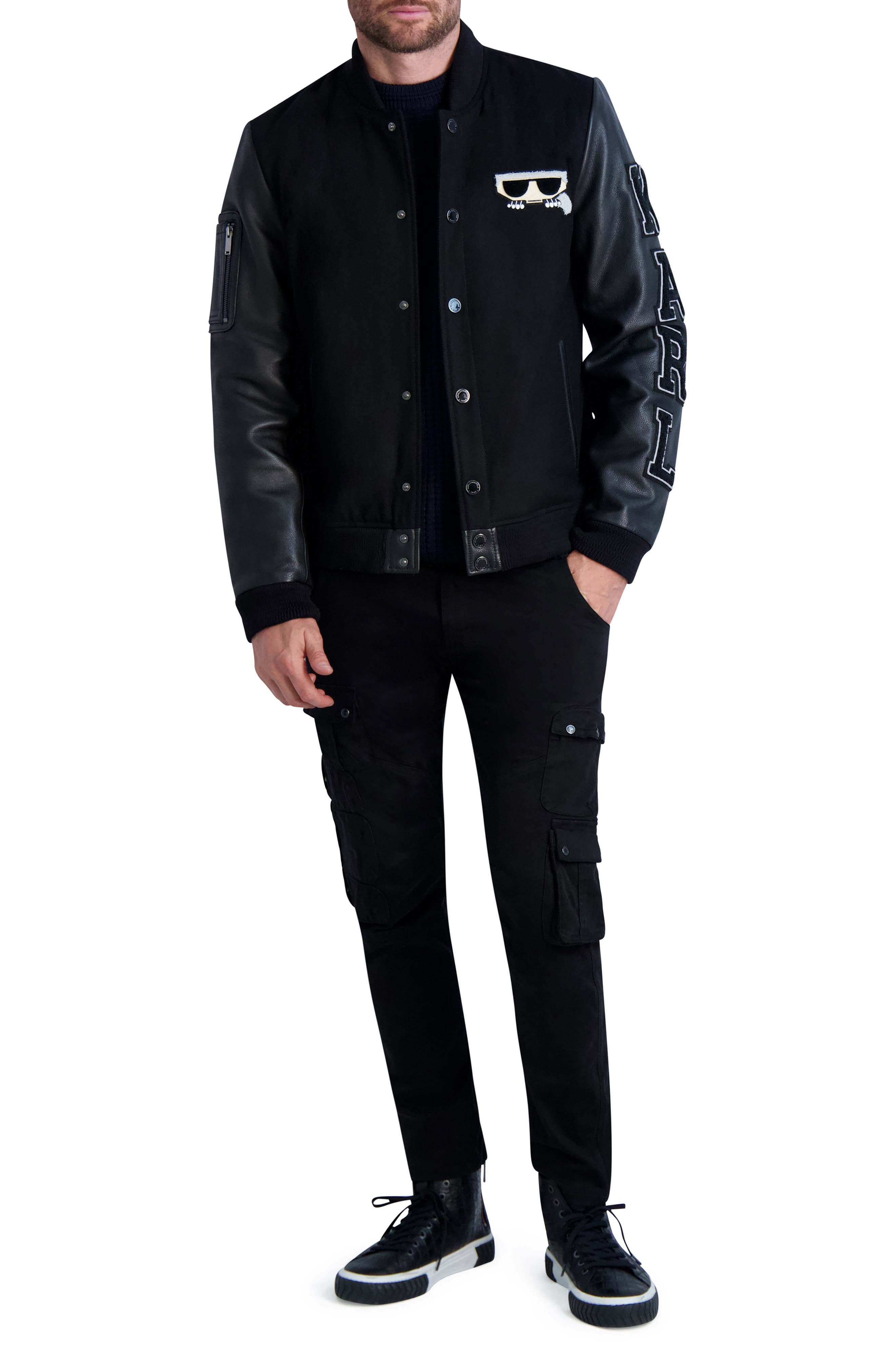 Karl Lagerfeld Paris Men's Leather Sleeve Bomber Jacket Smart Closet