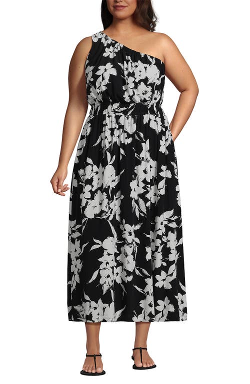 Shop Lands' End Petite One Shoulder Crepe Midi Dress In Black Painted Flower