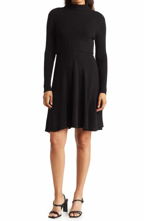Nina Leonard Two-tone Fit & Flare Sweater Dress in Black