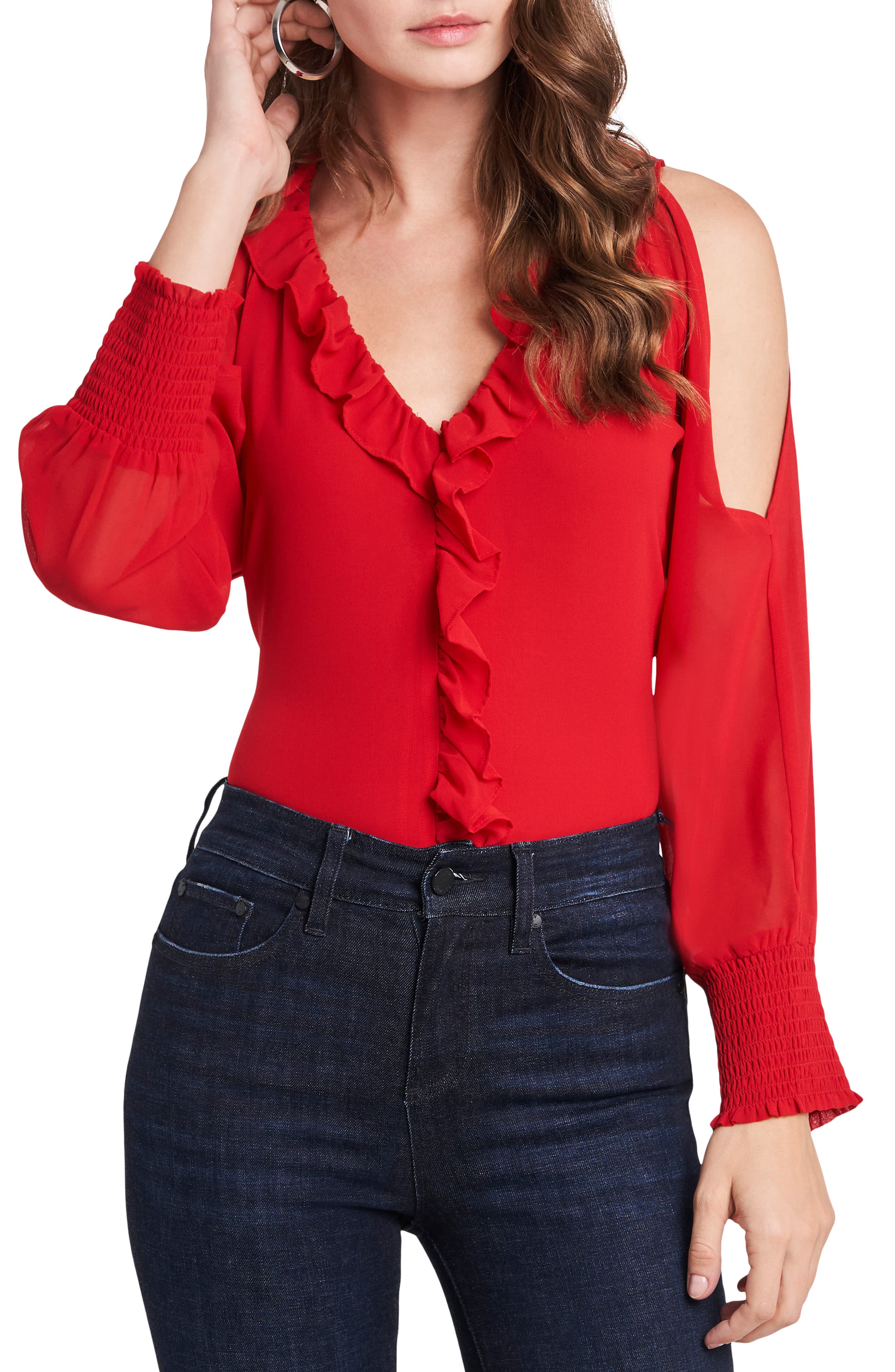 1.state 1. State Ruffle Cold Shoulder Top In Vibrant Red