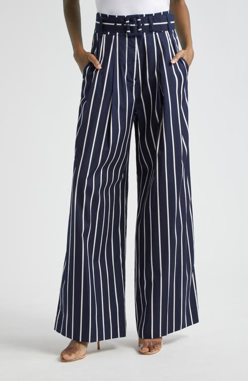 Shop Veronica Beard Maliyah Stripe Belted Wide Leg Pants In Navy/white