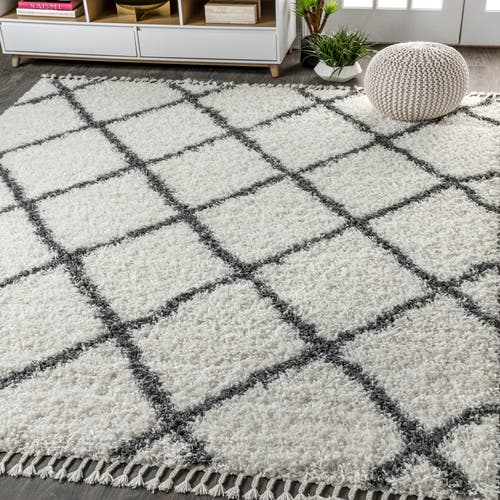 Jonathan Y Mercer Shag Plush Tassel Moroccan Geometric Trellis Denim Area Rug In Cream/gray