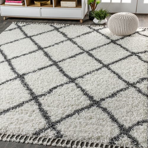 Shop Jonathan Y Mercer Shag Plush Tassel Moroccan Geometric Trellis Denim Area Rug In Cream/gray