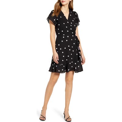 Petite Gibson X International Day Steph Taylor Jackson Smocked Shoulder Ruffle Faux Wrap Dress, Black