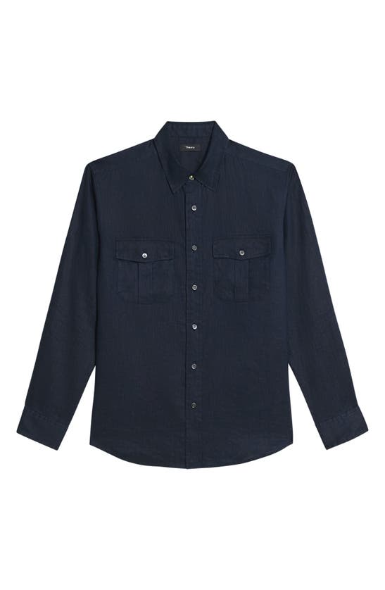 Shop Theory Military Ls.relaxed Linen Button-up Shirt In Baltic