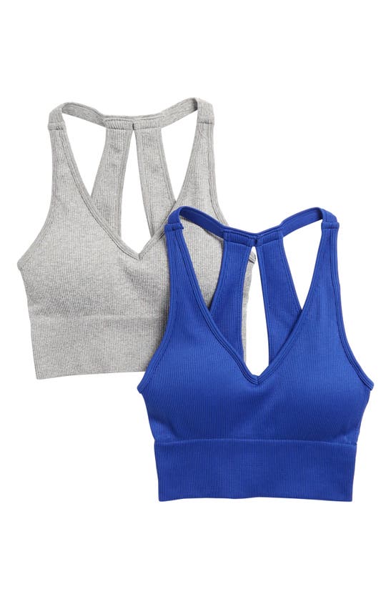 Shop Yogalicious Assorted 2-pack Seamless Rib Sports Bras In Surf The Web/heather Grey