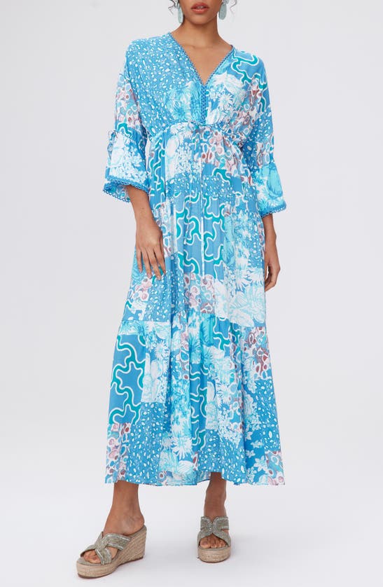 Shop Dvf Boris Mixed Print Tiered Maxi Dress In Soltice Flags Blue