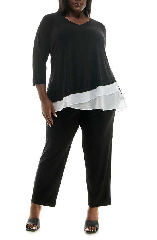 Nina Leonard V-neck Tulip Top & Slim Leg Pants Set In Black/ Ivory/ Black
