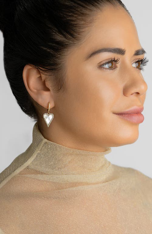 Adornia 14k Gold Plated White Mother-of-pearl Crystal Halo Heart Drop Huggie Earrings In Gold/white