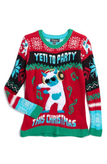 33 Degrees Kids' Yeti To Party Holiday Sweater In Red Combo Holiday