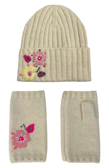 Marcus Adler Floral Beanie & Arm Warmers Set In Ivory
