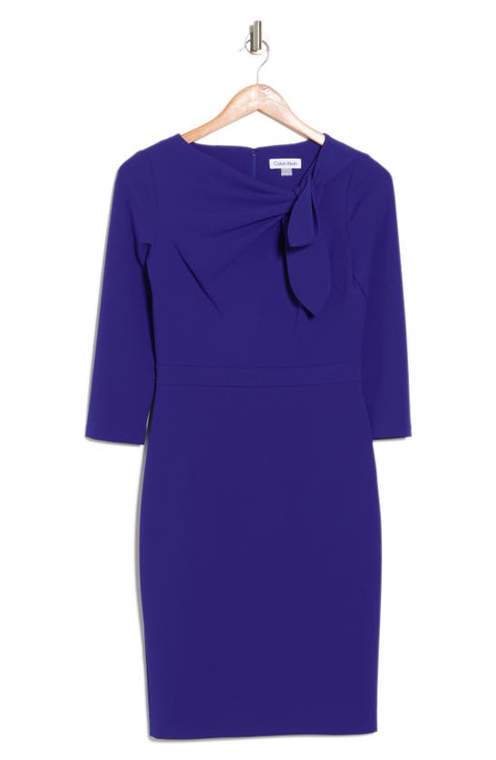 Calvin Klein Tie Neck 3/4 Sleeve Sheath Dress In Byzantine