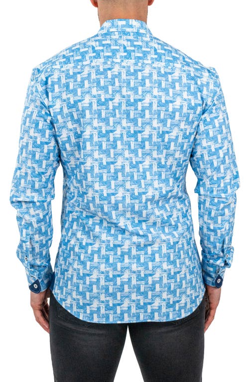 Maceoo Einstein Wood Waves Print Stretch Button-up Shirt In Blue