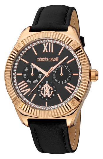 Roberto Cavalli By Franck Muller Crystal Leather Strap Watch, 42mm In Black/gold