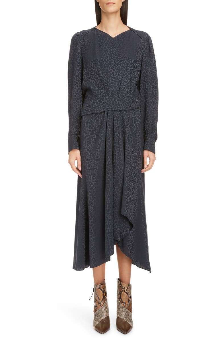 Isabel Marant Animal Long Sleeve Stretch Silk Jacquard Midi Dress