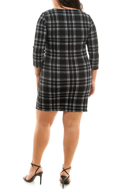 Nina Leonard Patterned 3/4 Sleeve Trapeze Dress In Black/ivory
