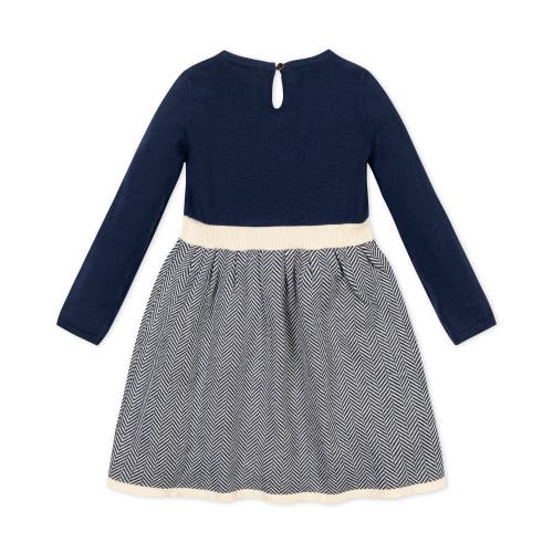 Shop Hope & Henry Baby Girls' Skater Sweater Dress With Bow, Infant In Navy Herringbone Colorblock