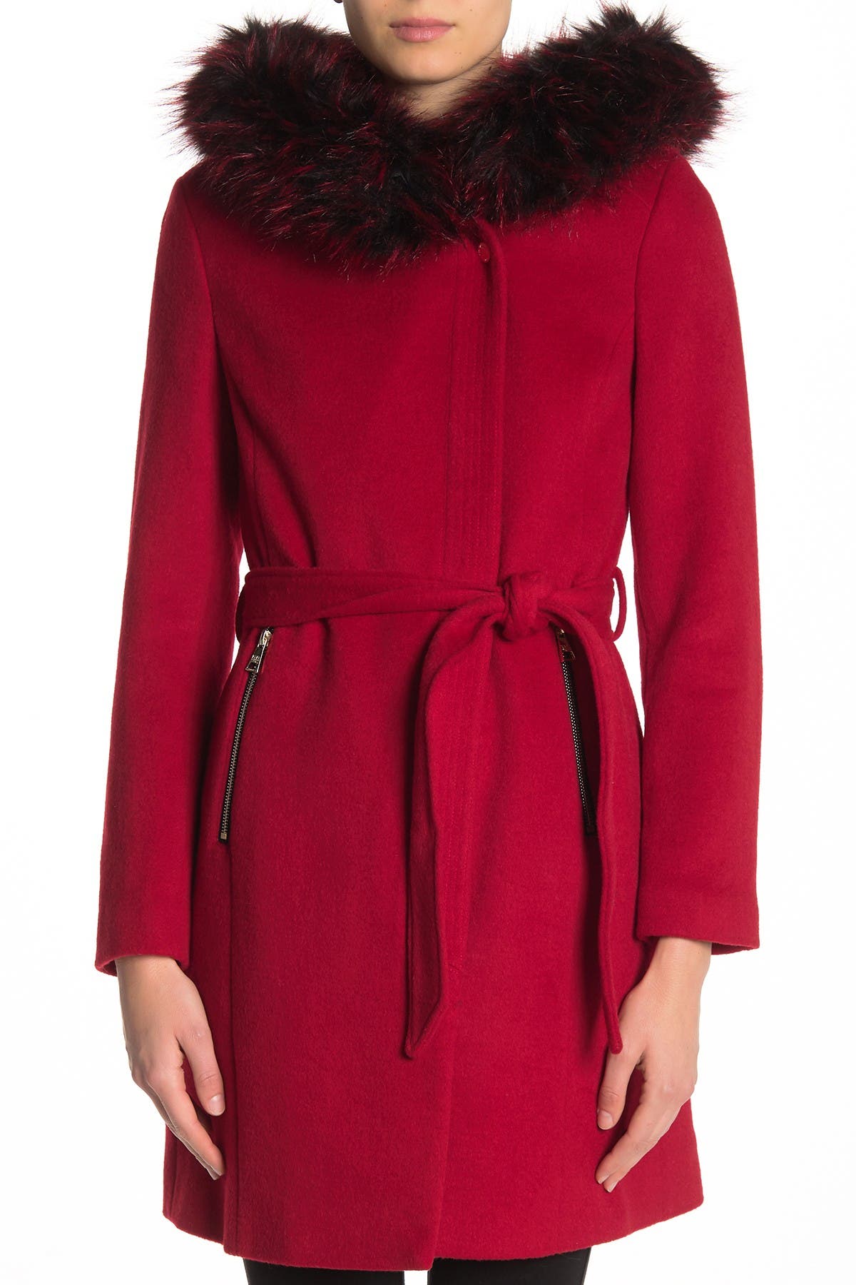 red wool coat with fur hood