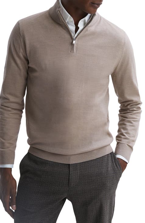 Men's Beige Patterned Knit Sweater - Quarter-Zip