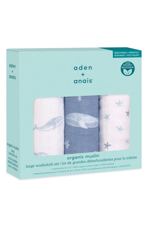 aden + anais 3-Pack Assorted Organic Cotton Muslin Washcloths in Oceanic Blue