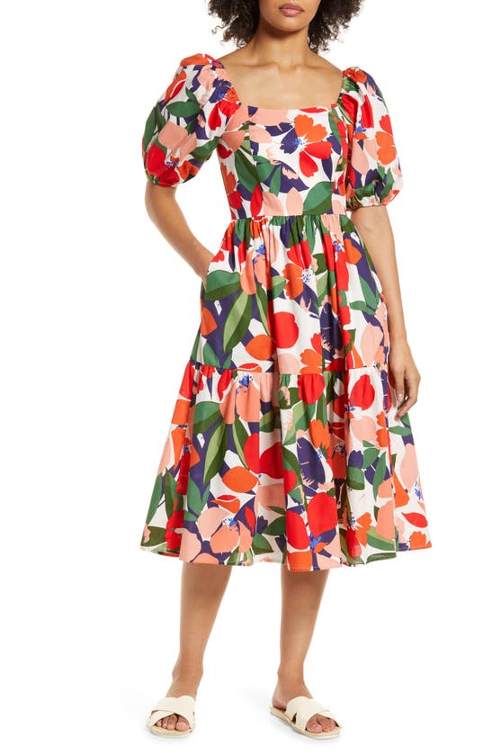 Vince Camuto Floral Stretch Cotton Midi Dress In Tangerine ModeSens