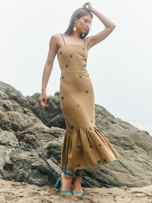 Shop Eddy Desirae Midi Dress In Light Fawn With Emeralds