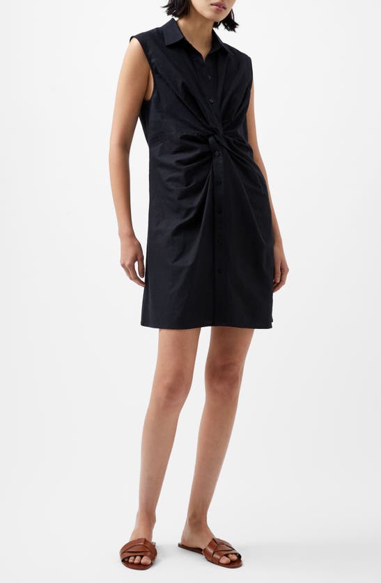 Shop French Connection Aofie Sleeveless Center Twist Linen Blend Shirtdress In Blackout