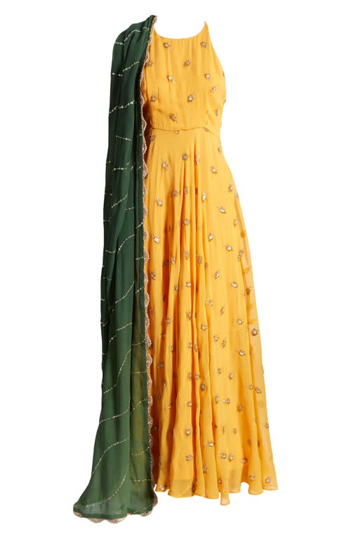 Shop Sani Nila Anarkali With Dupatta In Marigold/green Dupatta