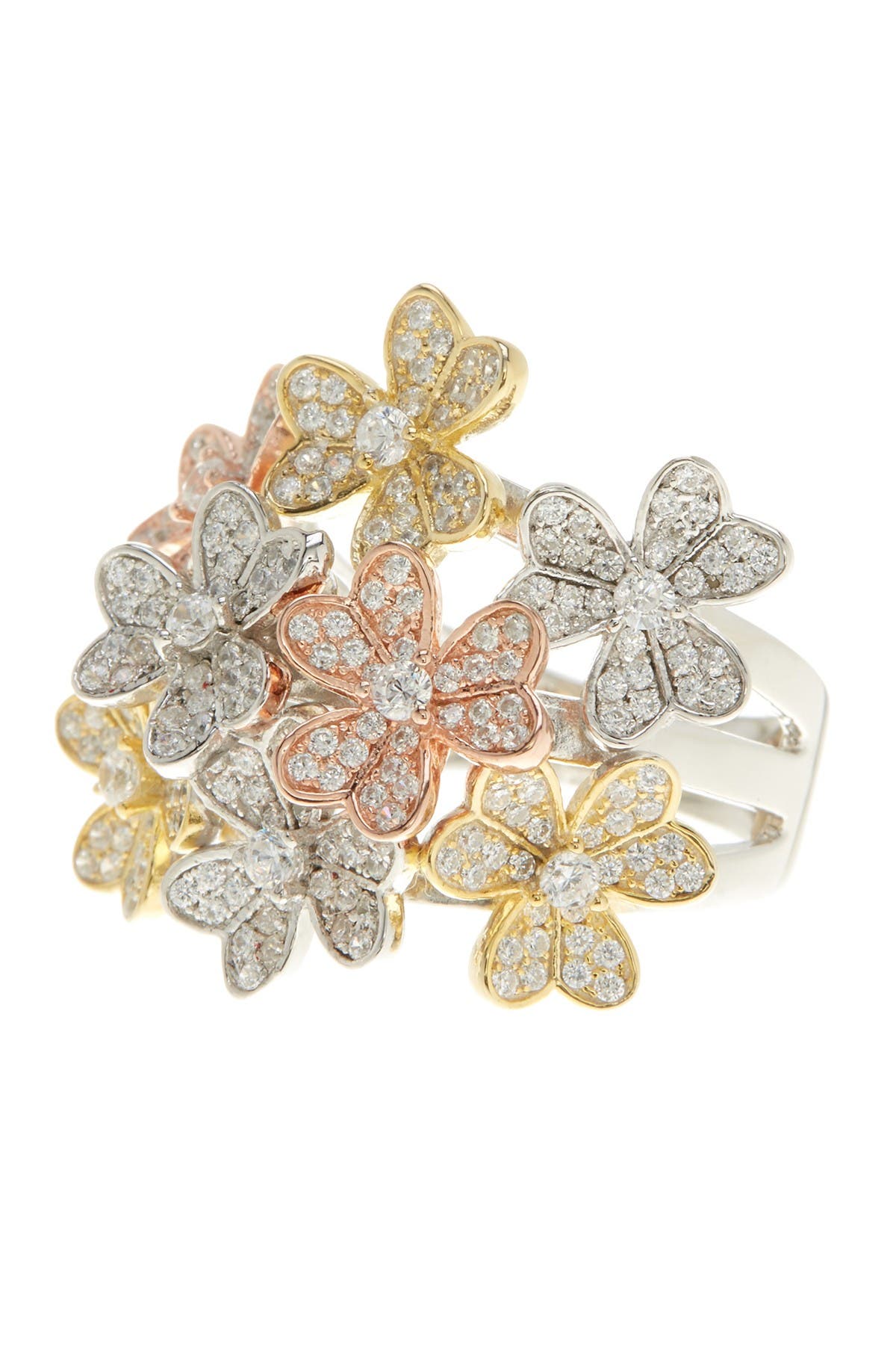 Size 9 Tri Color Gold Plated Sterling Silver CZ Floral Womens Ring