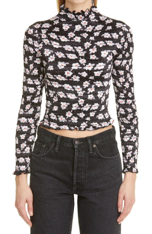 Amy Crookes Floral Print Shirred Top in Black/White Micro Floral