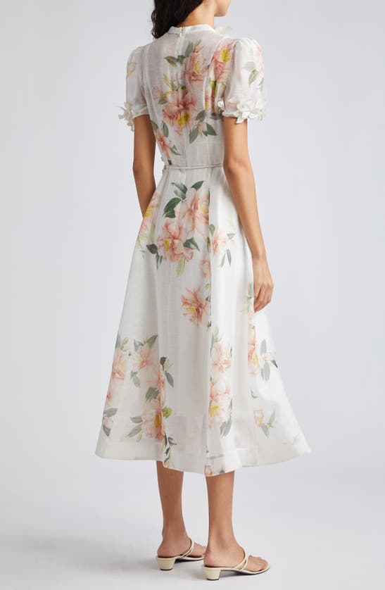 Shop Zimmermann Natura Liftoff Floral Linen & Silk Organza Midi Dress In Ivory Camellia