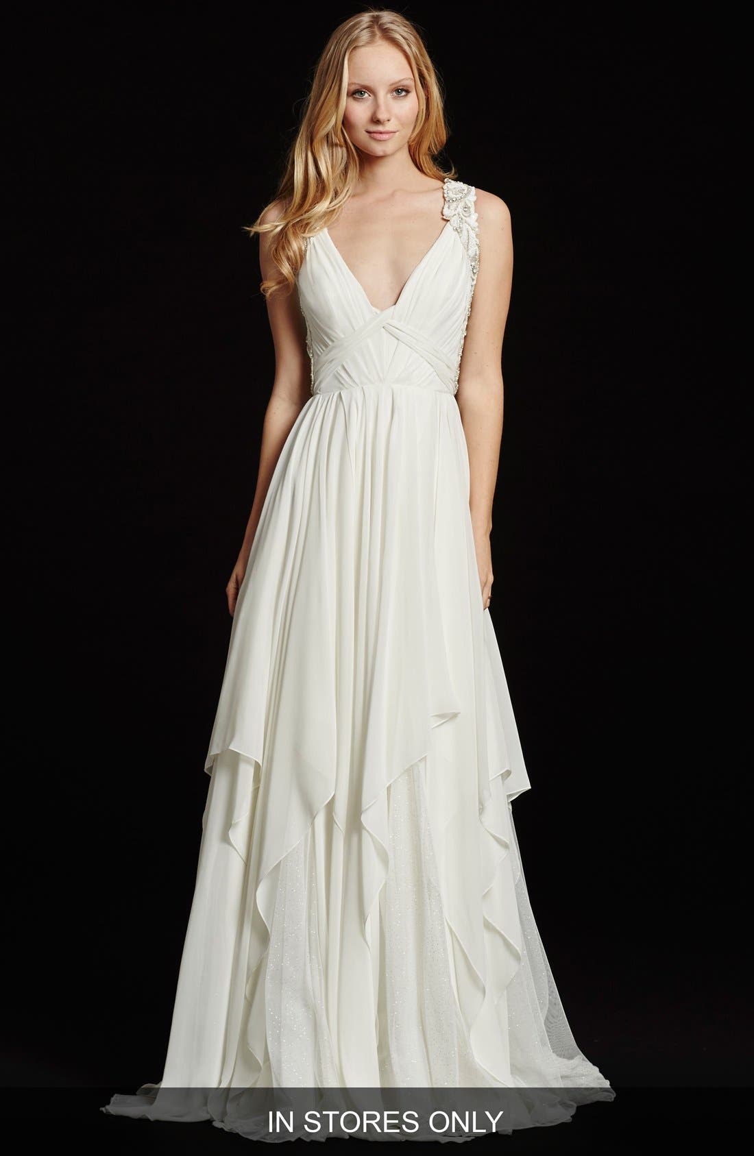 Hayley Paige Gwen Sleeveless Grecian Draped Bodice Chiffon Gown