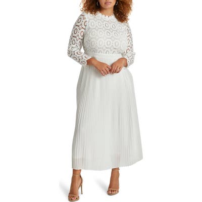 Plus Size Eloquii Lace Bodice Pleated Long Sleeve Evening Dress, White