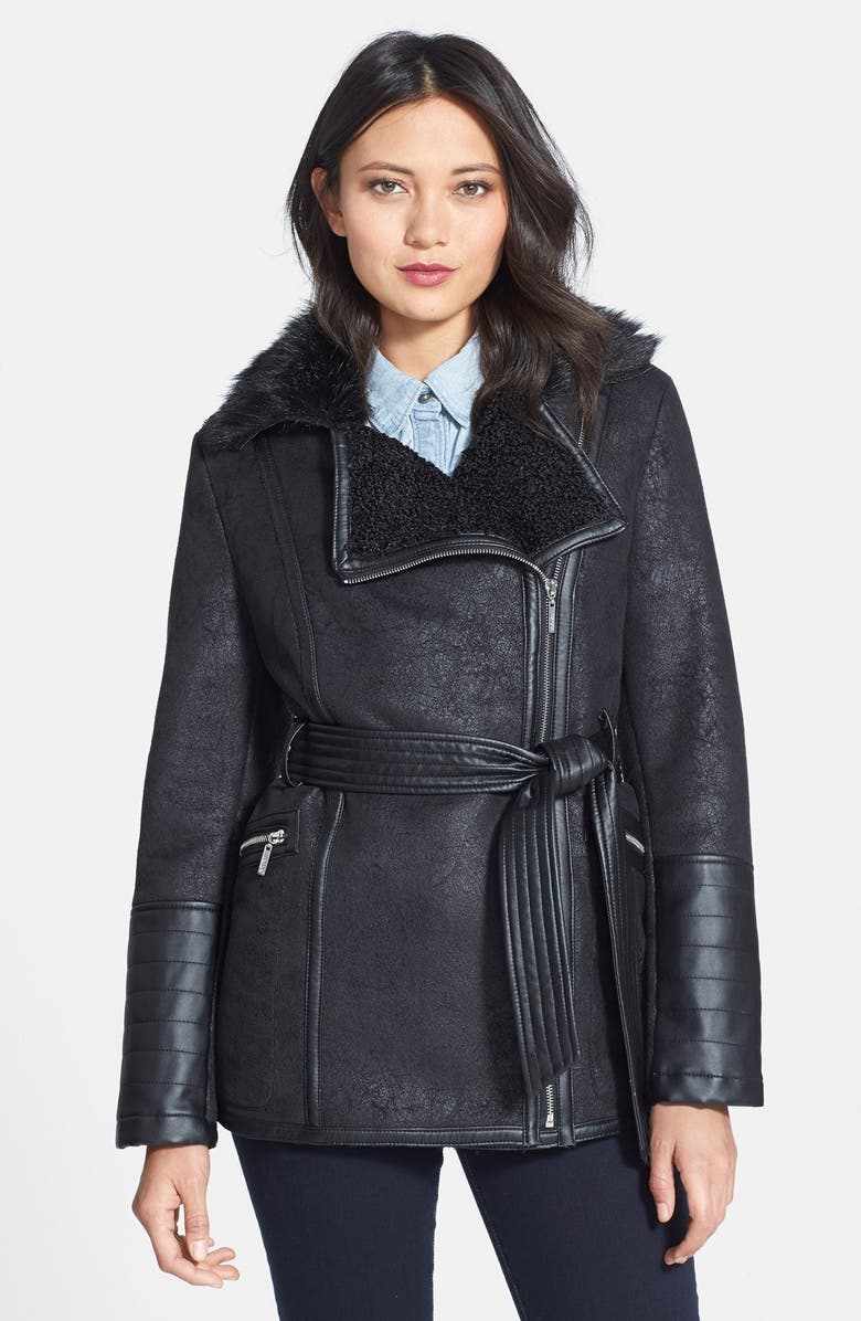 kensie Faux Shearling Belted Moto Jacket with Faux Fur