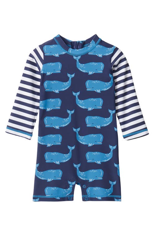 Hatley Kids' Block Whales Rashguard One-Piece Swimsuit in Blue