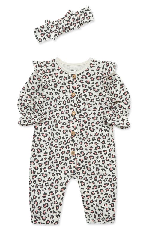 Shop Little Me Leopard Cotton Blend Romper & Headband Set In Leopard Multi