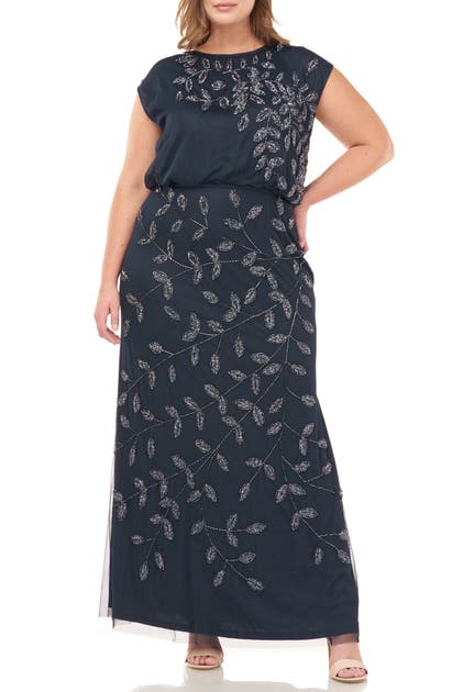 Js Collections Beaded Leaf Chiffon Trumpet Gown In Navy | ModeSens